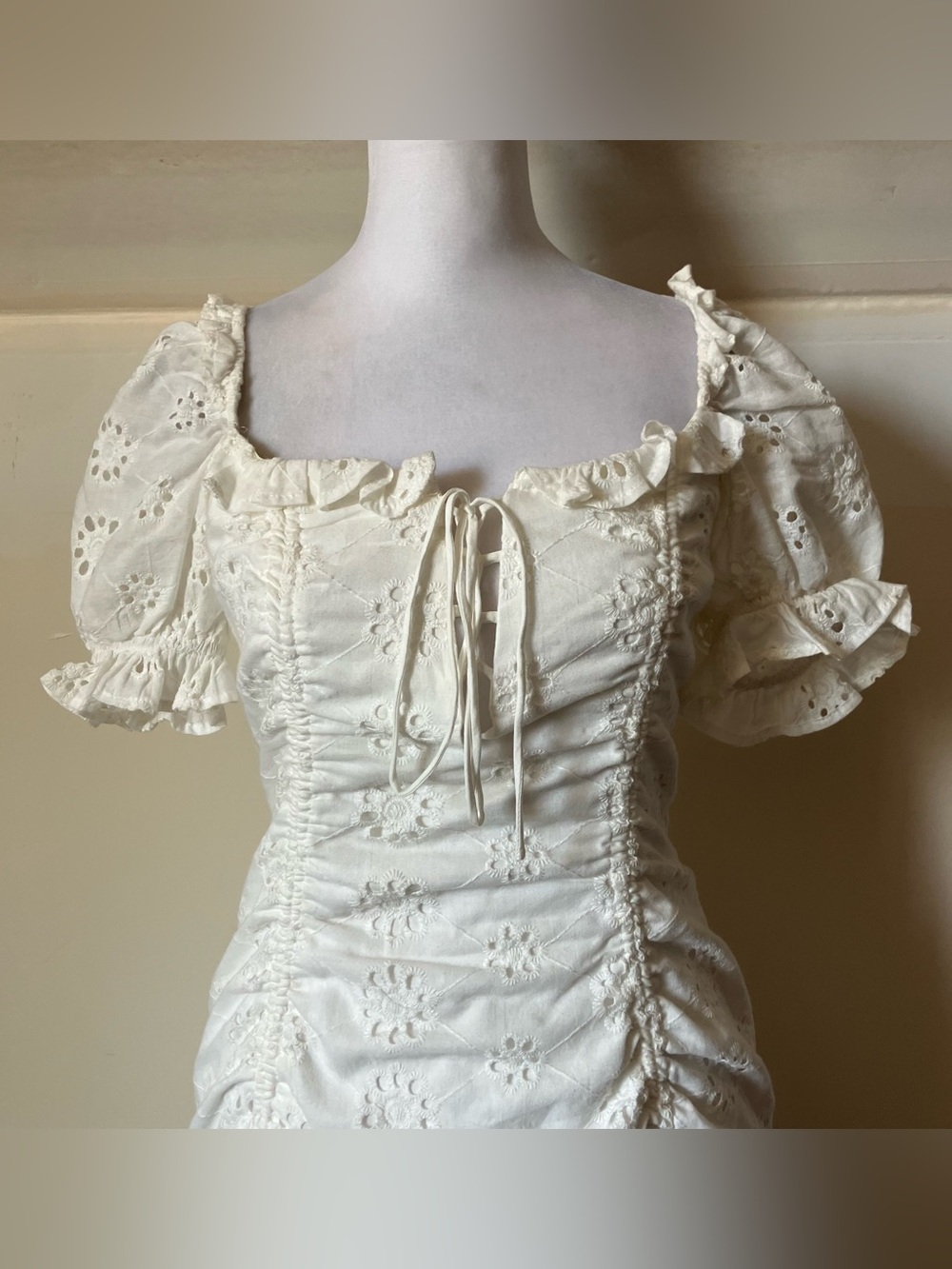 Saints + Secrets White Eyelet Ruched Corset Mini Cottagecore Boho Dress Small - Picture 8 of 10